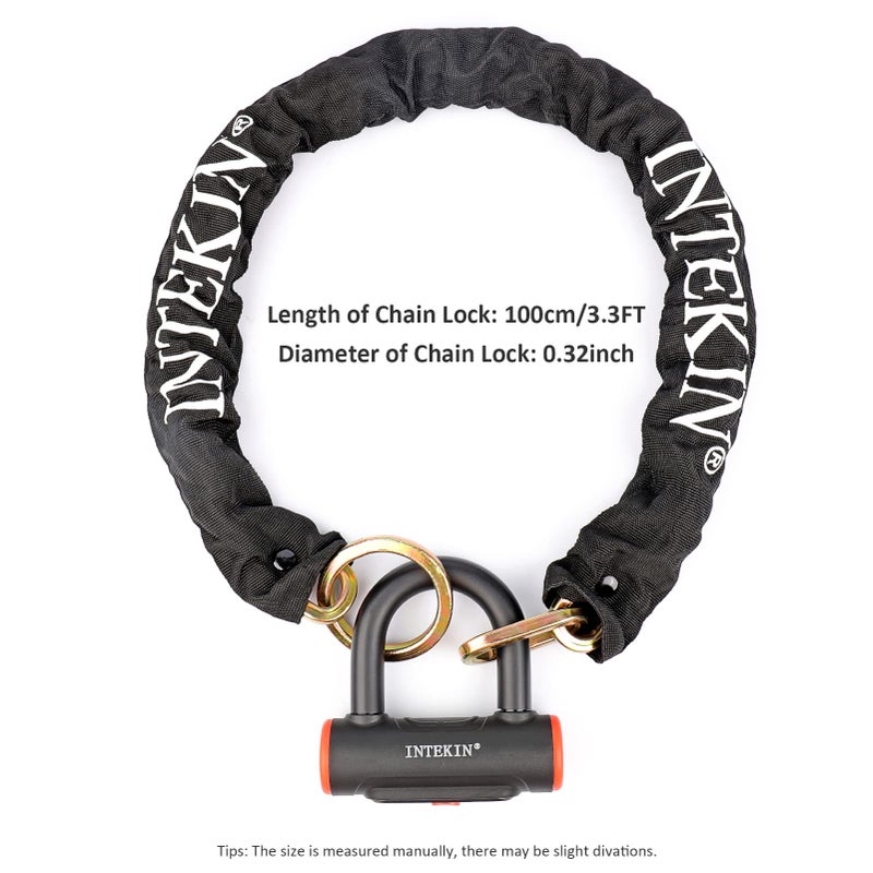 INTEKIN Motorcycle Chain Lock 3.3FT/100cm Bicycle Locks 8mm/10mm Thick Bike Lock Anti Theft Heavy Duty Security Chain with 16mm U-Lock for Motorcycles  Gates  and More - Image 2
